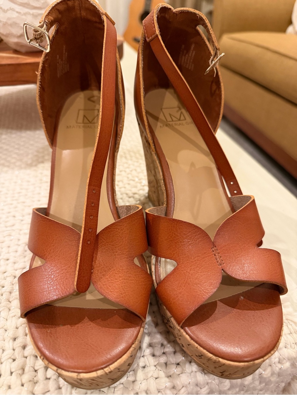 Material Girl Tan Leather Cork Wedge Sandals